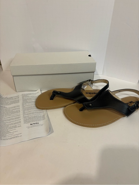 Be Lenka Shoes - Black Leather T-Strap Sandals with Tan Footbed - Women's